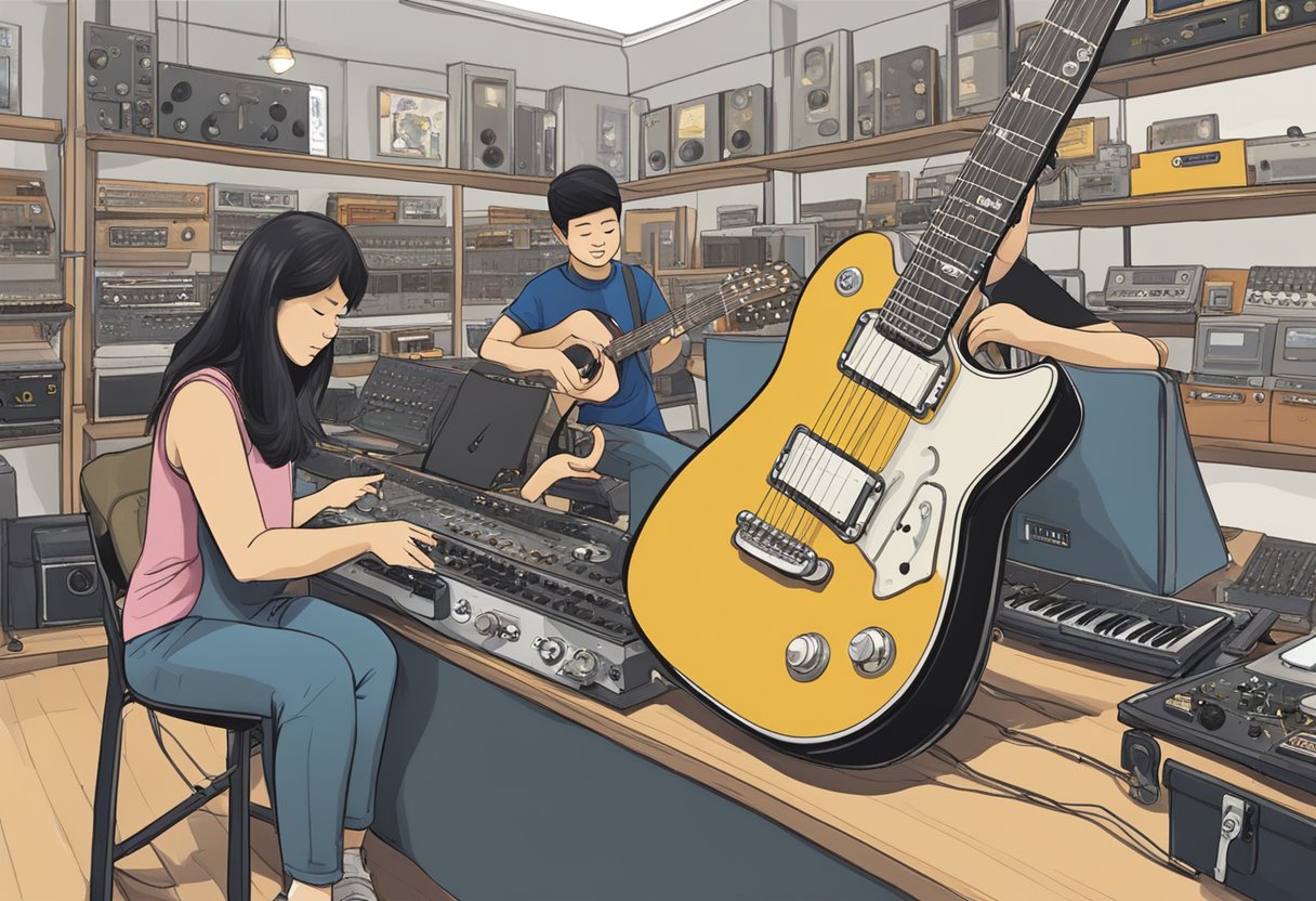 Customers browsing instruments, trying out guitars, and testing out audio equipment at Swee Lee Singapore