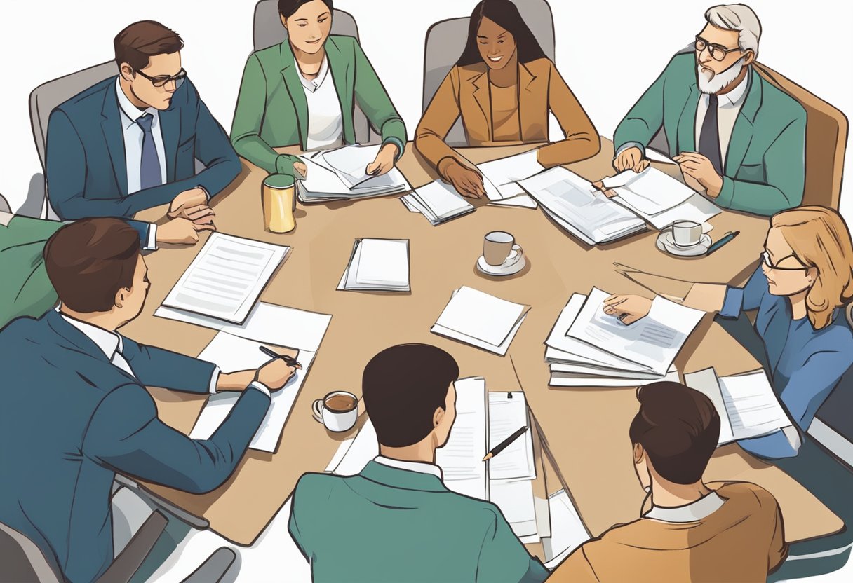 A group of people gather around a table, discussing and planning. A clear hierarchy is evident, with one person at the head leading the discussion