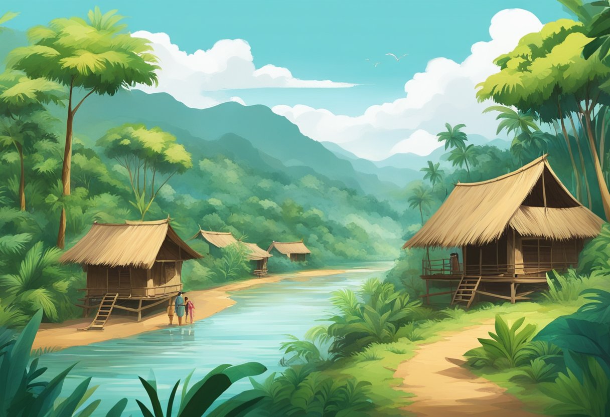 The scene depicts a lush, tropical landscape with a river flowing through it. In the background, there are small settlements and indigenous people going about their daily activities