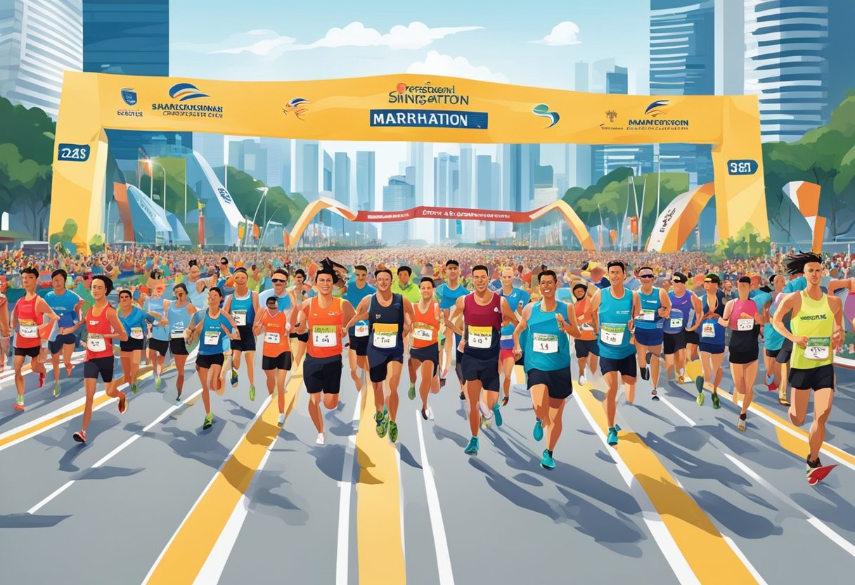 Runners crossing the finish line at the Singapore Marathon, with a backdrop of the city skyline and cheering spectators