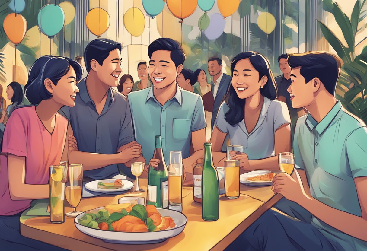 A group of people at a Singapore party, engaging in lively conversation and exchanging information about Frequently Asked Questions