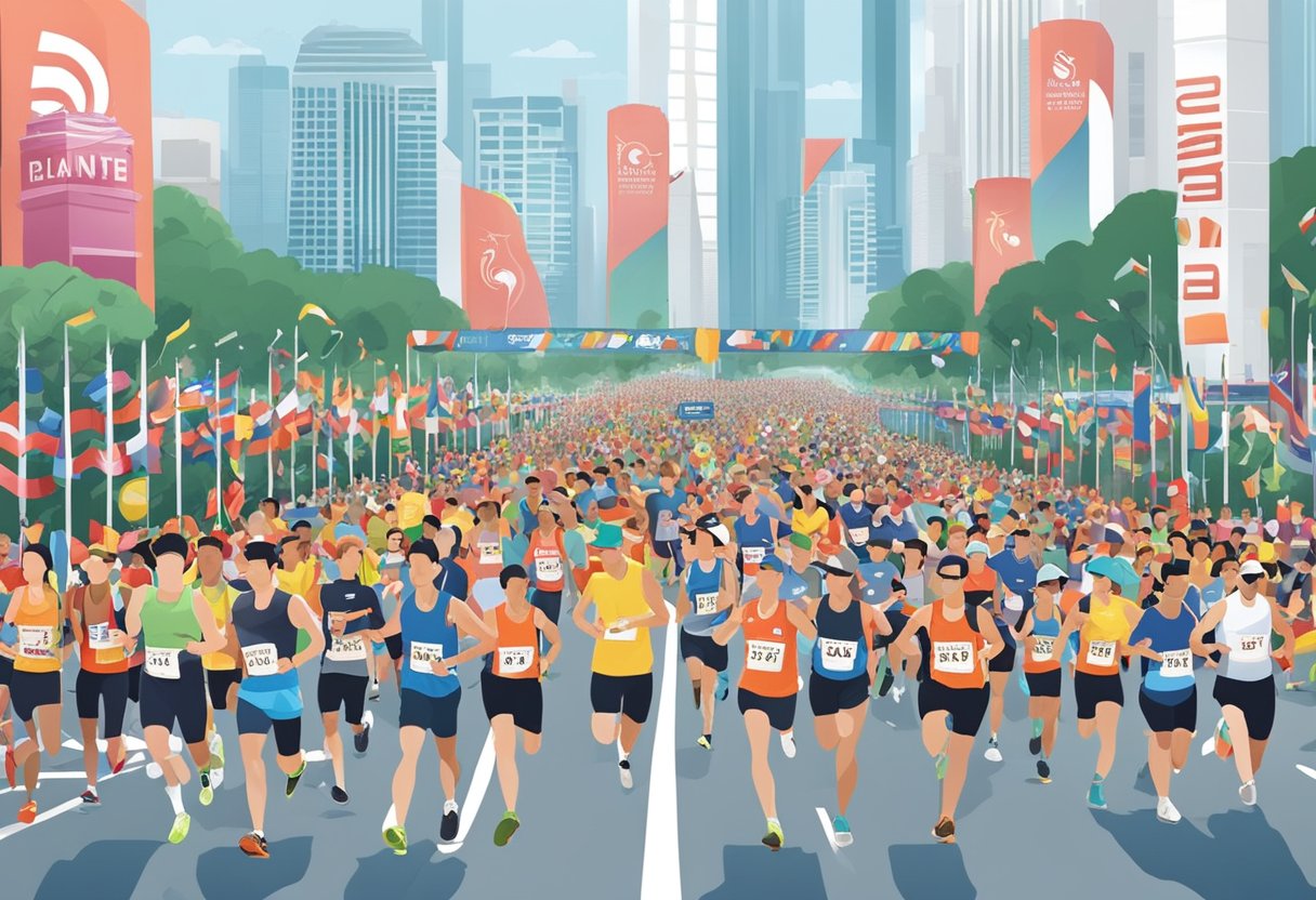 Runners crossing the finish line at the Singapore Marathon, with cheering spectators and a backdrop of the city skyline