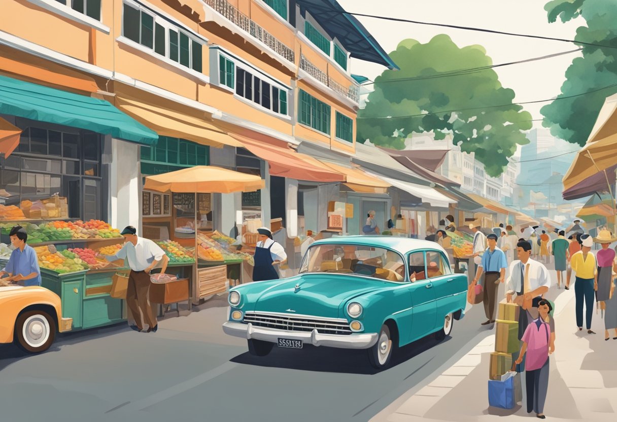 A bustling Singapore street in the 1960s, with colonial-era buildings and vibrant markets, symbolizing the nation's journey to independence
