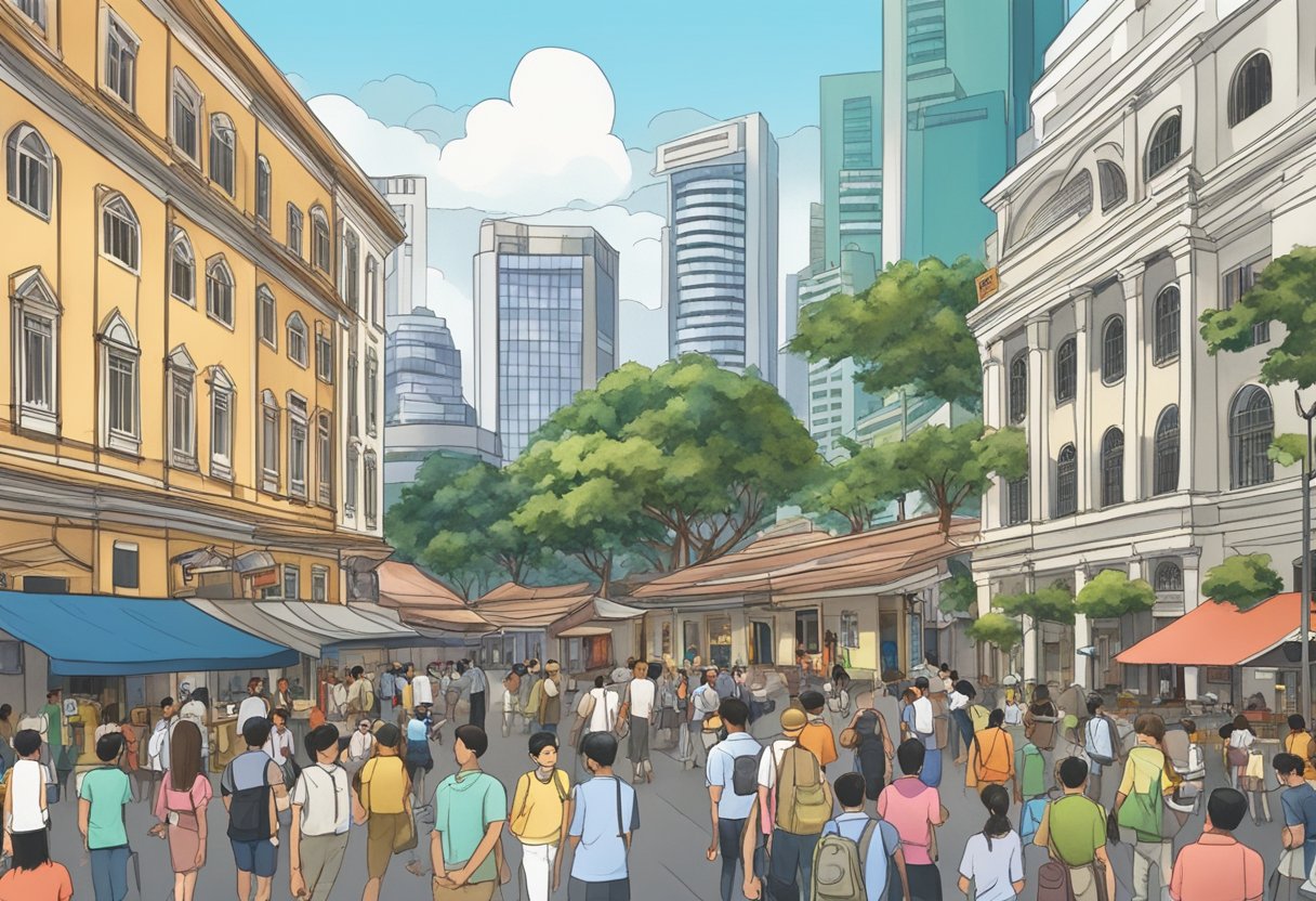 A bustling street in Singapore, with colonial-era buildings and modern skyscrapers, as people gather to learn about the city's rich history