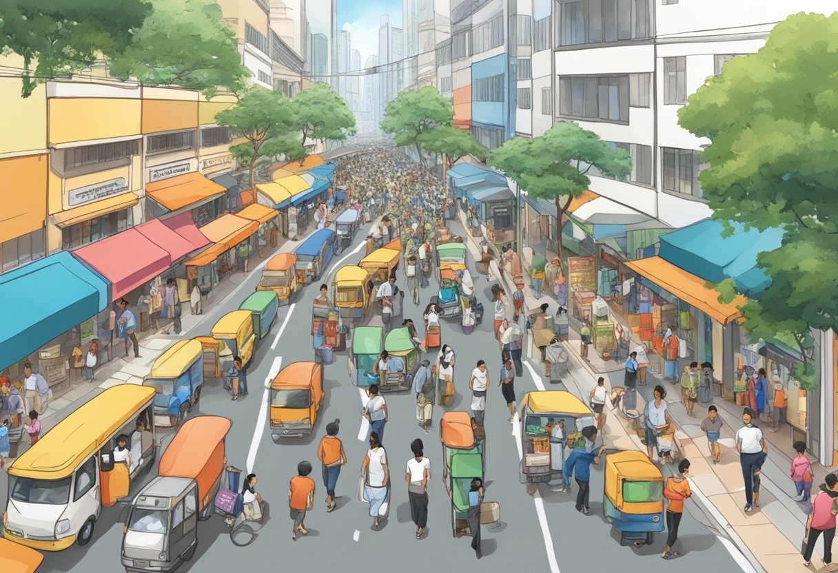 A bustling street in Singapore with diverse people offering aid and support to those in need