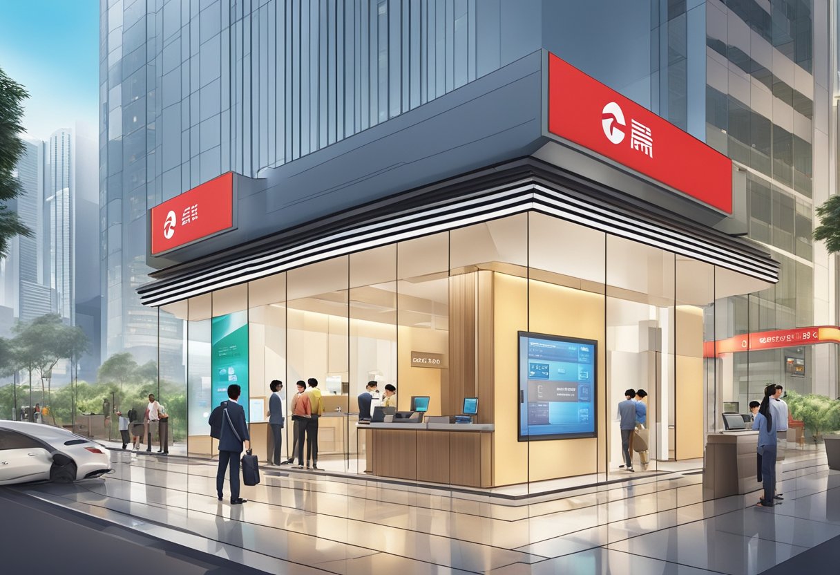 A modern bank branch in Singapore, with sleek digital kiosks, friendly tellers, and customers conducting transactions. The iconic logo of Bank of China Singapore prominently displayed