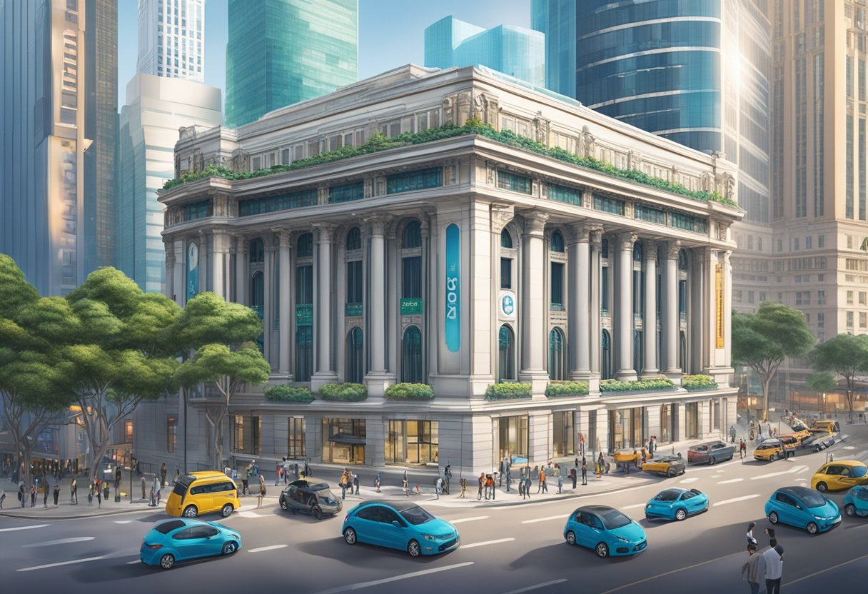 An ornate bank building with the BOC Singapore logo stands tall amidst a bustling financial district, with people and vehicles moving around it