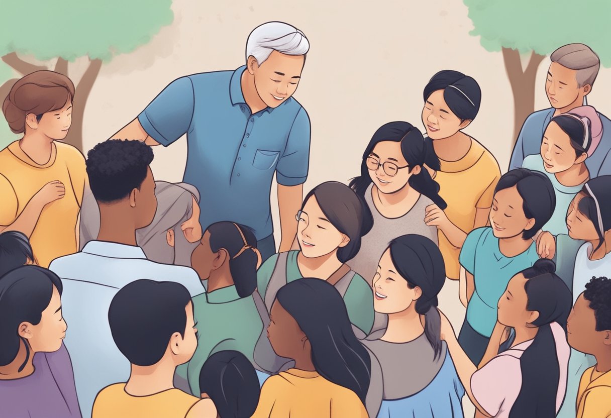 A group of diverse individuals in Singapore gather to support and uplift one another, showing compassion and empathy in their actions