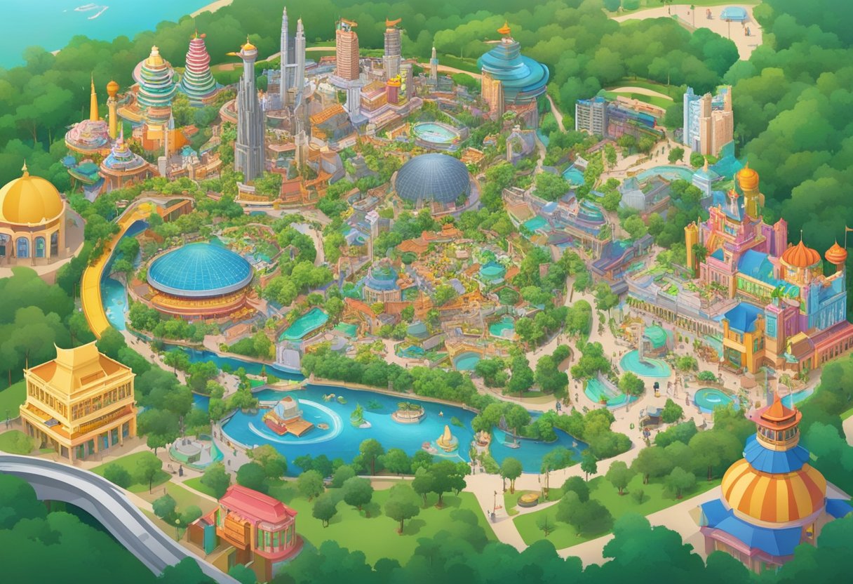 Visitors eagerly study a map of Universal Studios Singapore, excitedly pointing to various rides and attractions. The vibrant park layout is surrounded by lush greenery and colorful buildings