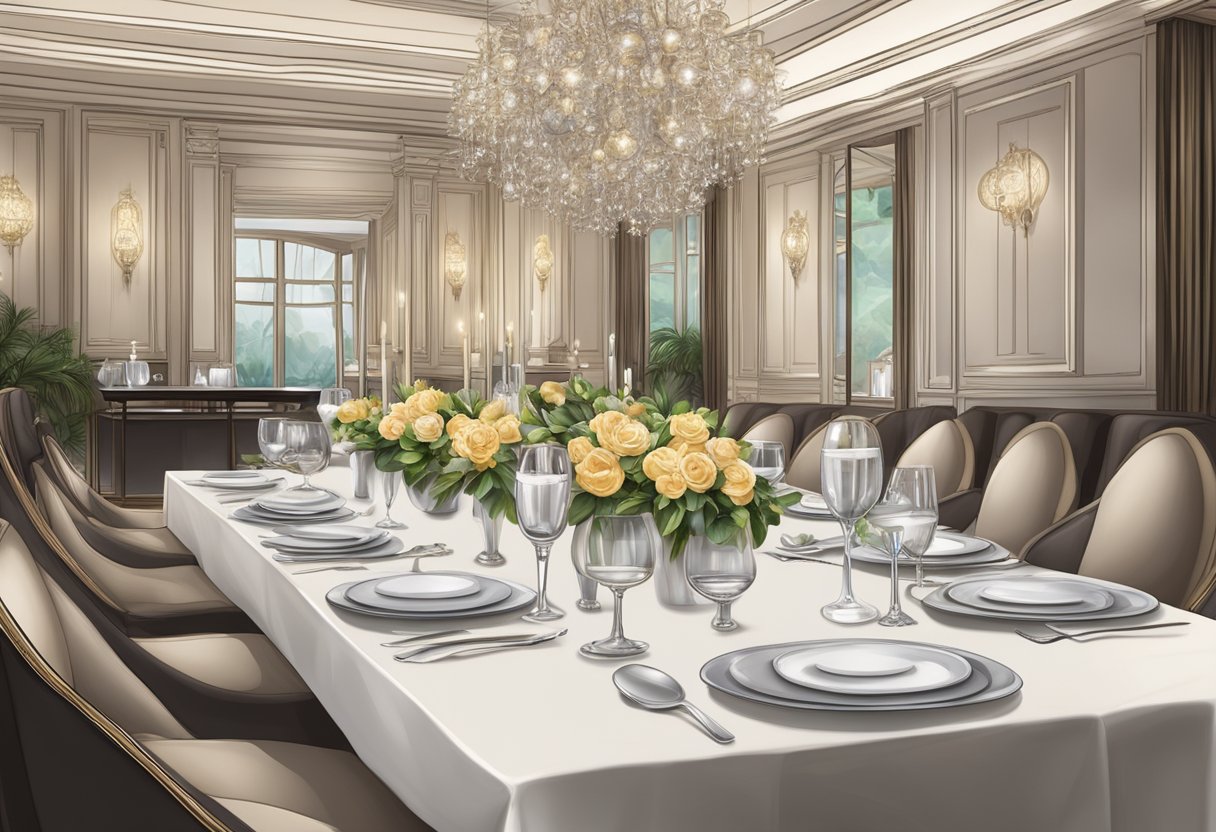 A luxurious dining table set with elegant cutlery and glassware, surrounded by plush chairs in a sophisticated Singaporean restaurant