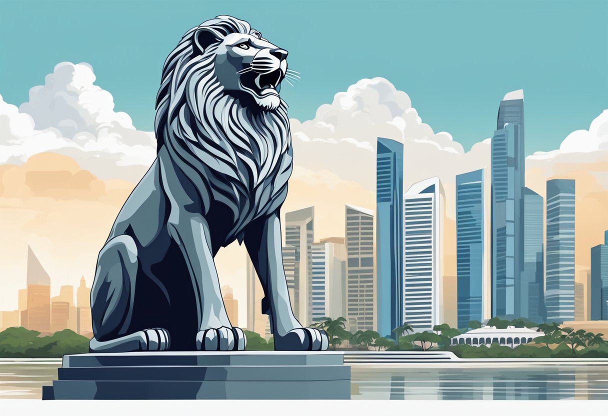 A majestic lion statue stands proudly in front of the Singapore skyline, symbolizing strength and honor. The iconic Merlion fountain spouts water in the background