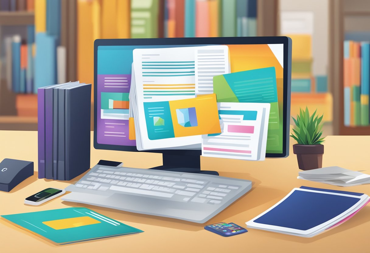 A stack of colorful brochures with "Frequently Asked Questions" printed on the cover, surrounded by a computer, phone, and friendly customer service representative
