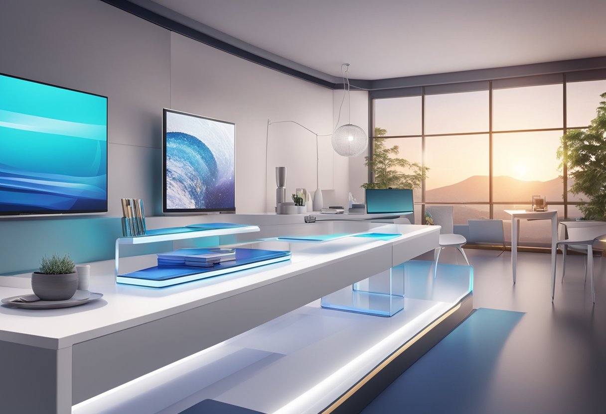 A table showcasing Honor's latest innovations with sleek designs and cutting-edge technology. Bright lights and vibrant colors highlight the products, creating an inviting and modern display