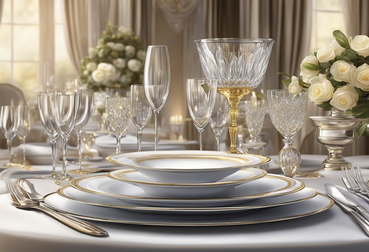 A table set with elegant cutlery, fine china, and a sparkling glassware arrangement. A backdrop of opulent decor and soft lighting creates an atmosphere of luxury and sophistication