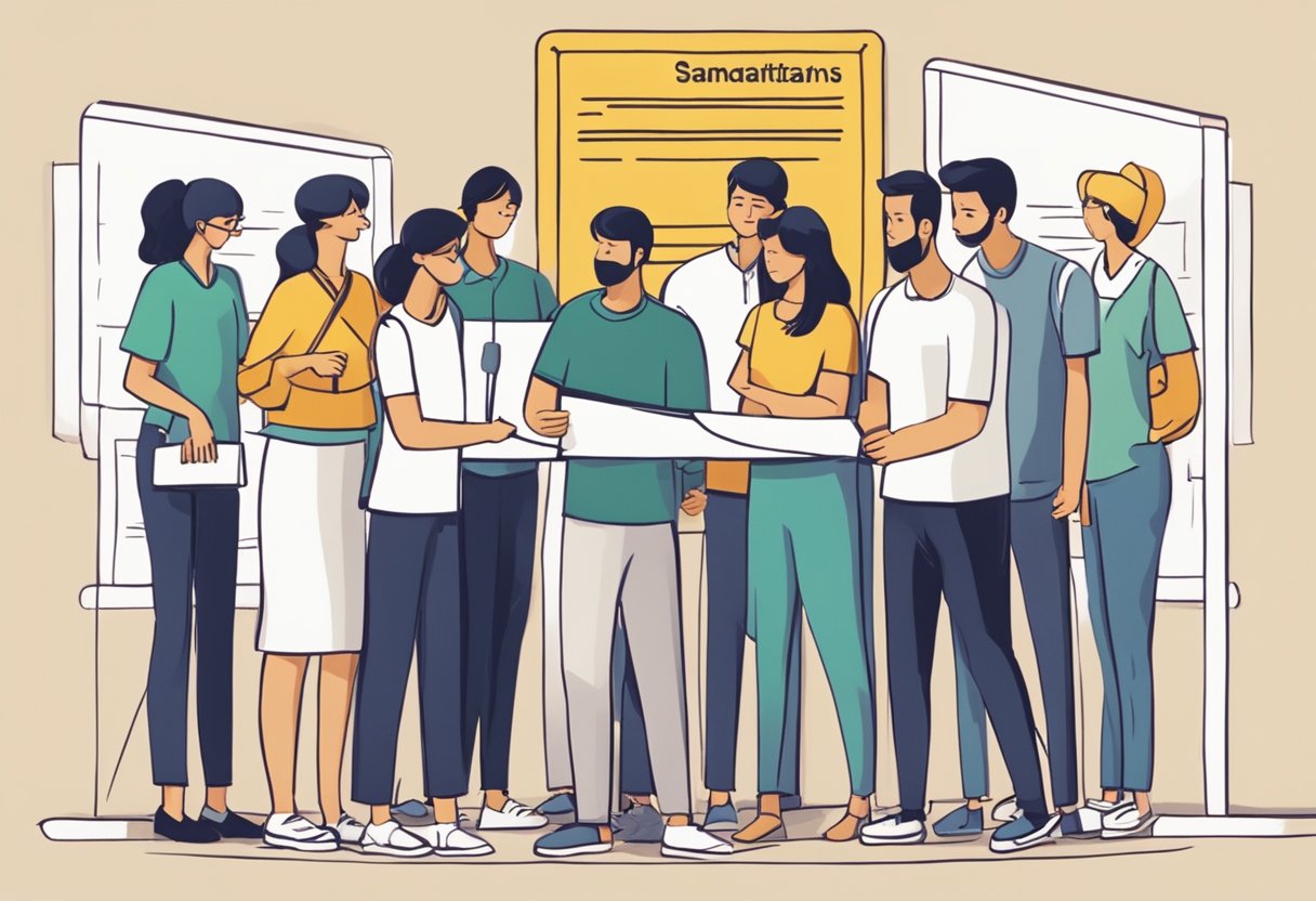 A group of individuals seeking help and support gather around a sign that reads "Frequently Asked Questions Samaritans of Singapore." The atmosphere is one of comfort and understanding