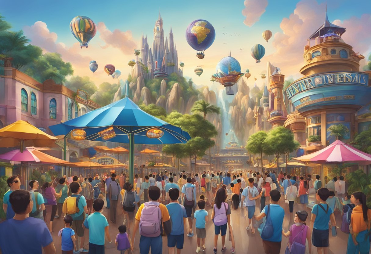 Visitors line up for thrilling rides at Universal Studios Singapore, surrounded by colorful attractions and enthusiastic crowds