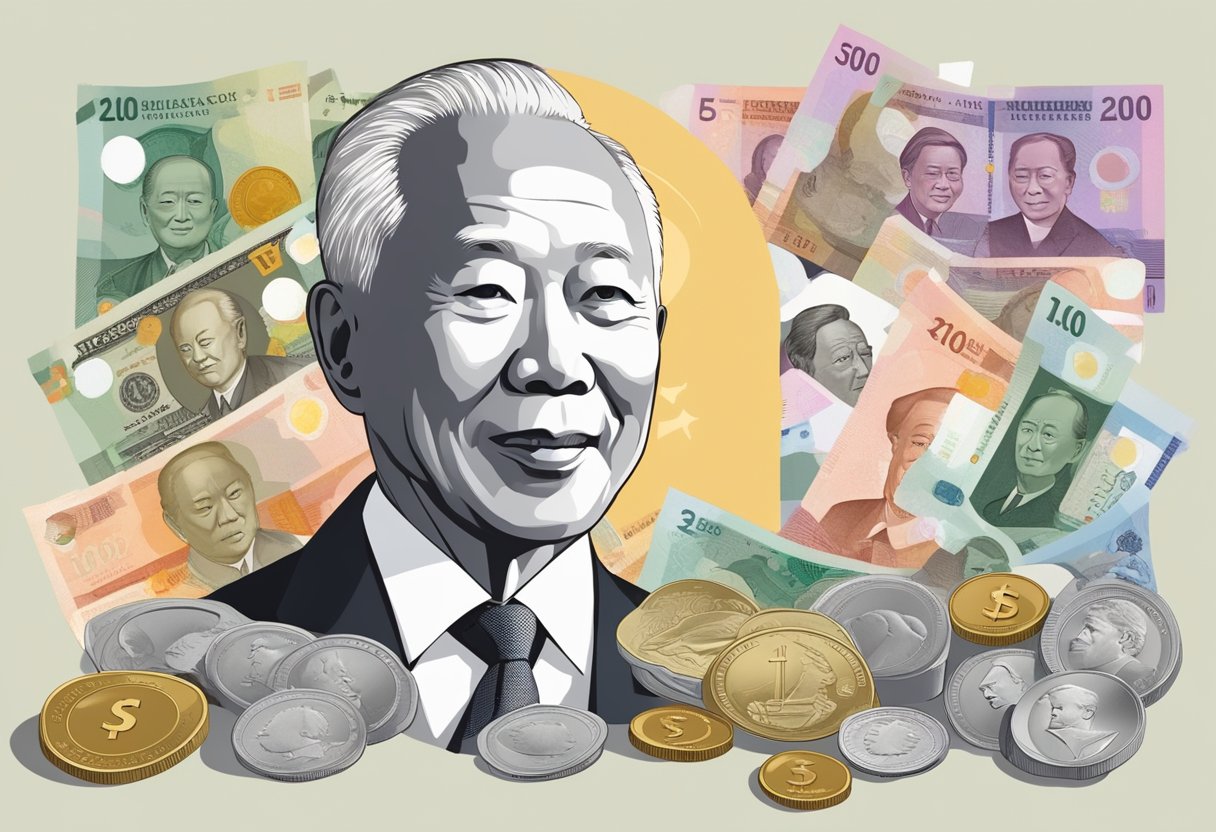 A table with various Singaporean currency notes and coins spread out, including the iconic portrait of the country's founding father, Lee Kuan Yew, on the bills