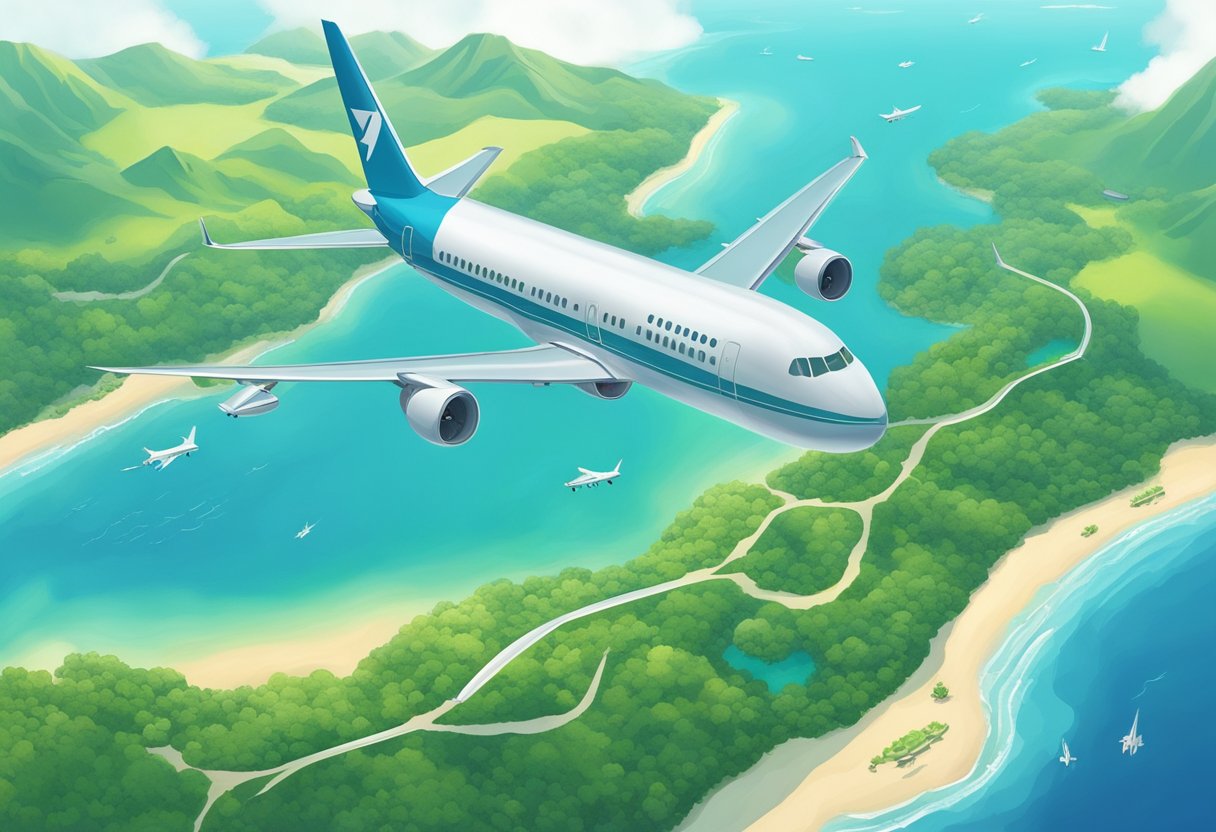 An airplane flying over the ocean from Singapore to Jeju, with lush green islands and clear blue waters below