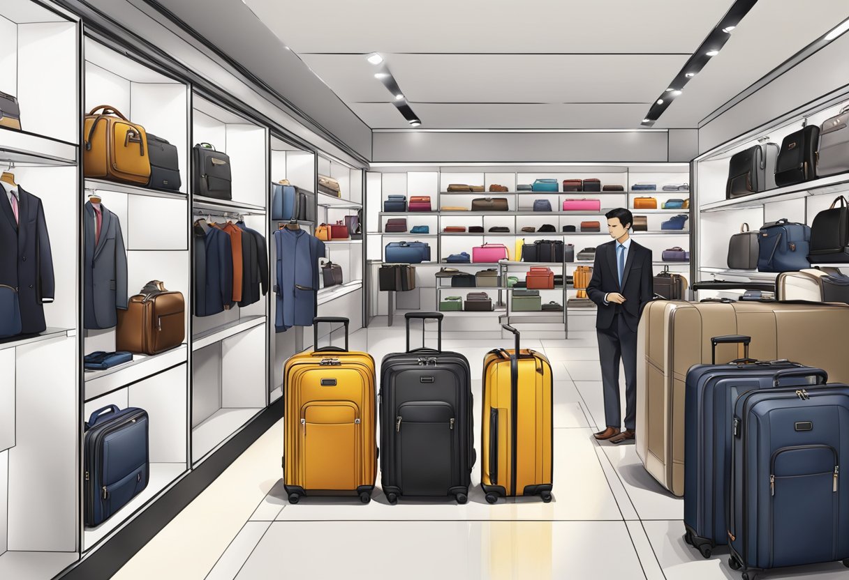 A bustling Tumi store in Singapore, with sleek, modern luggage and accessories on display