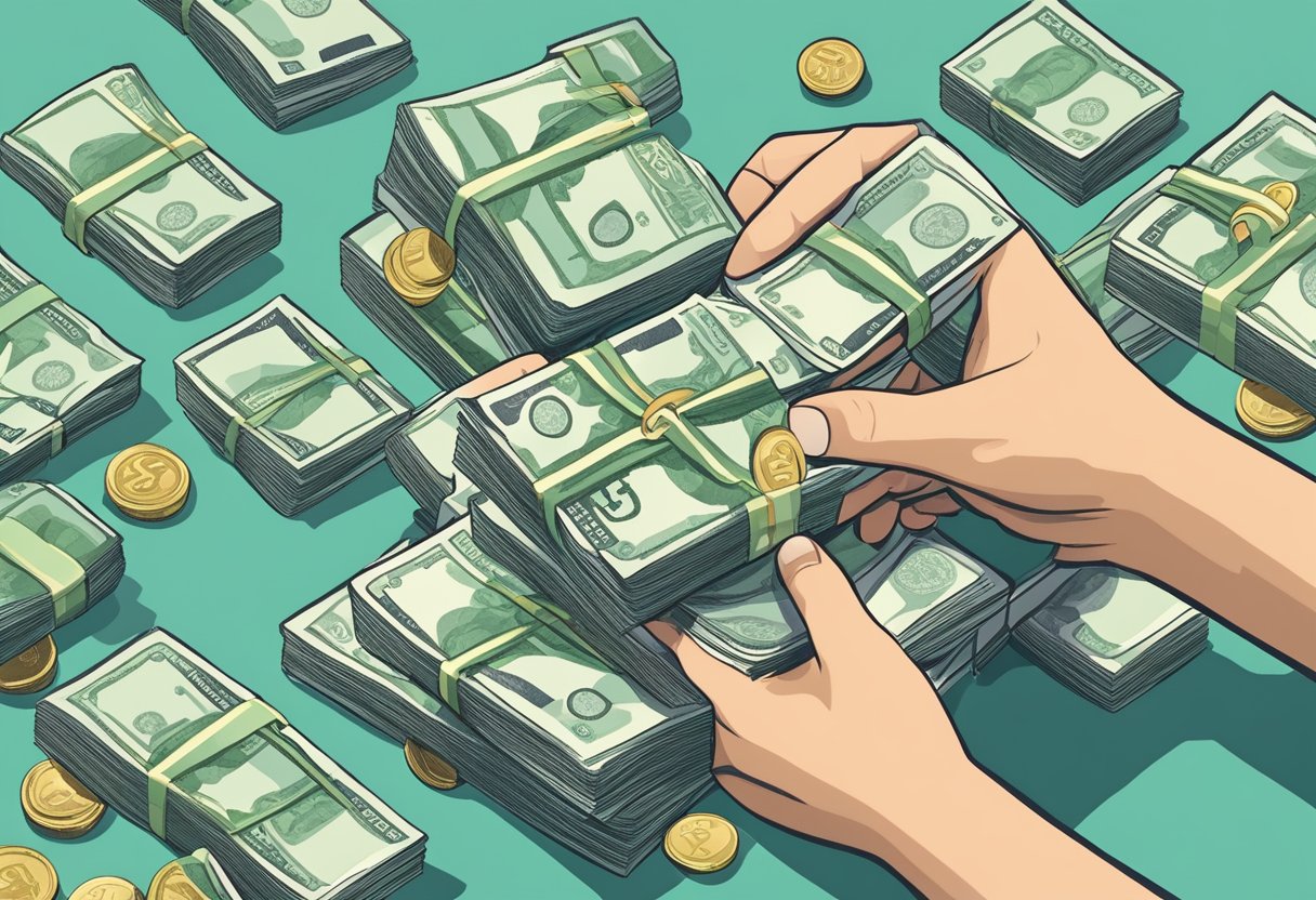A hand holds Singaporean money, making financial transactions