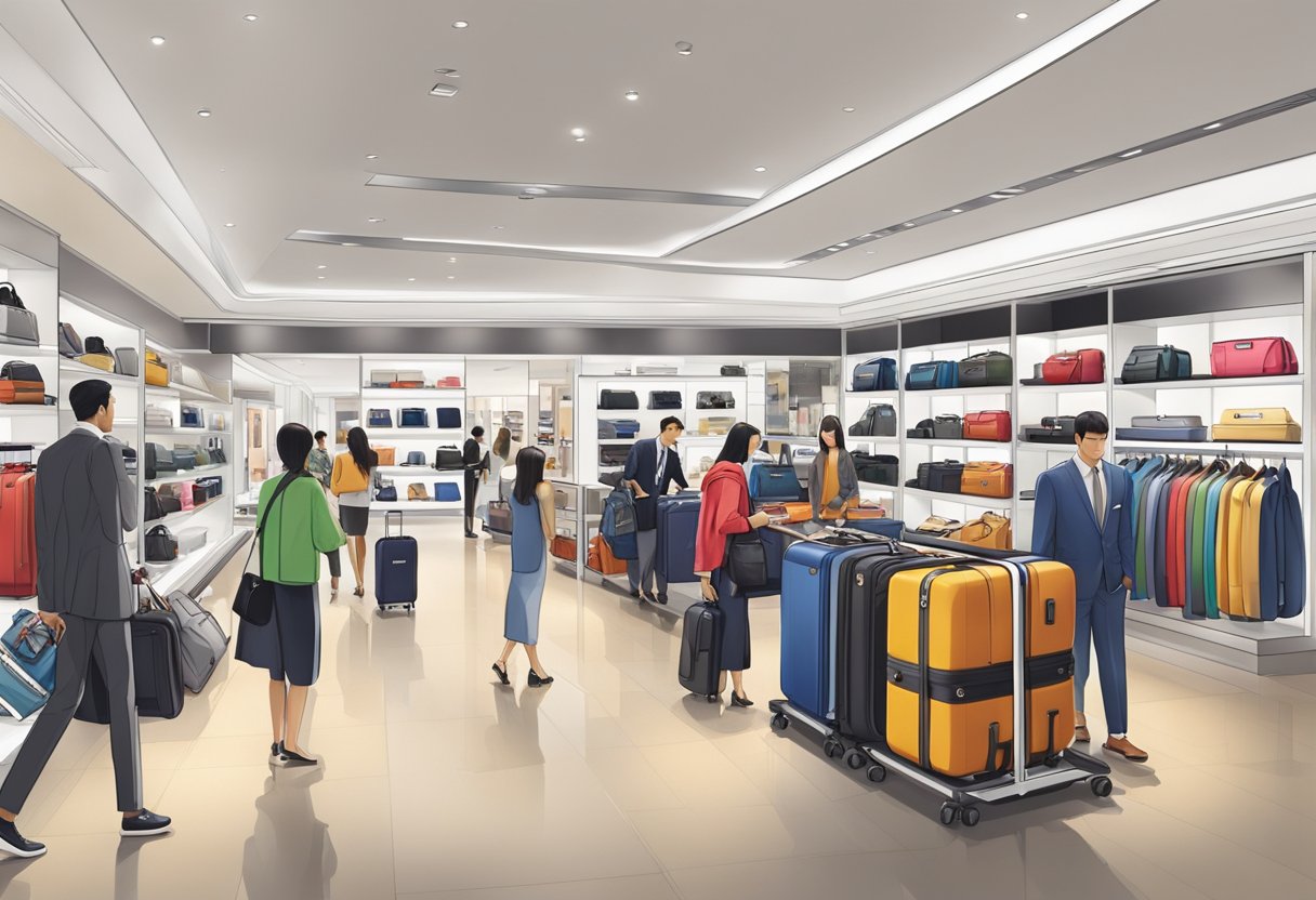 A bustling Tumi store in Singapore, with sleek luggage and accessories on display, customers browsing, and staff assisting