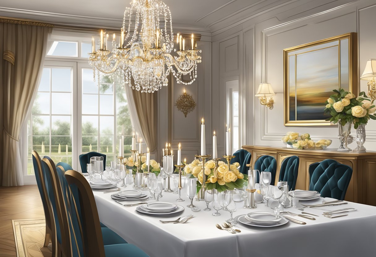 A beautifully set table with elegant cutlery, fine china, and a sparkling chandelier overhead, creating a luxurious and sophisticated dining atmosphere