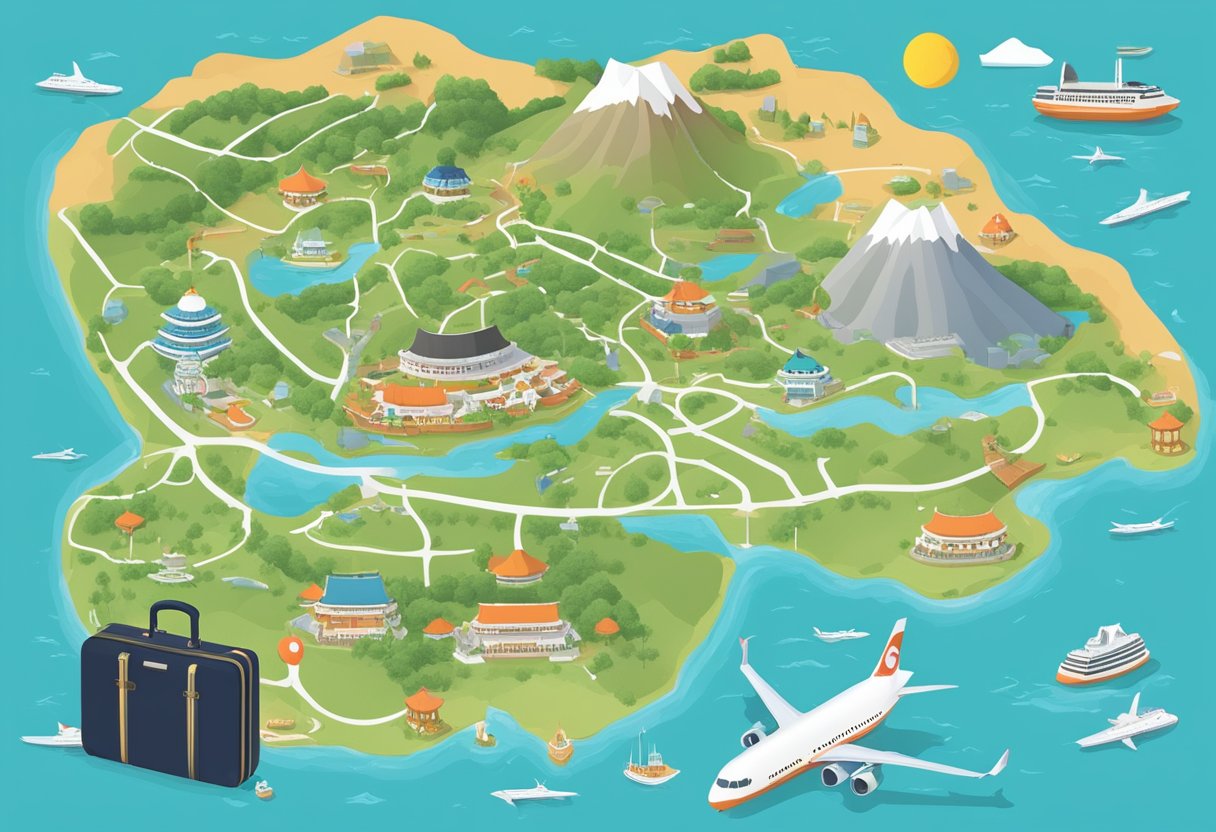 A map of Singapore and Jeju with travel routes and landmarks, surrounded by travel guides and a packed suitcase