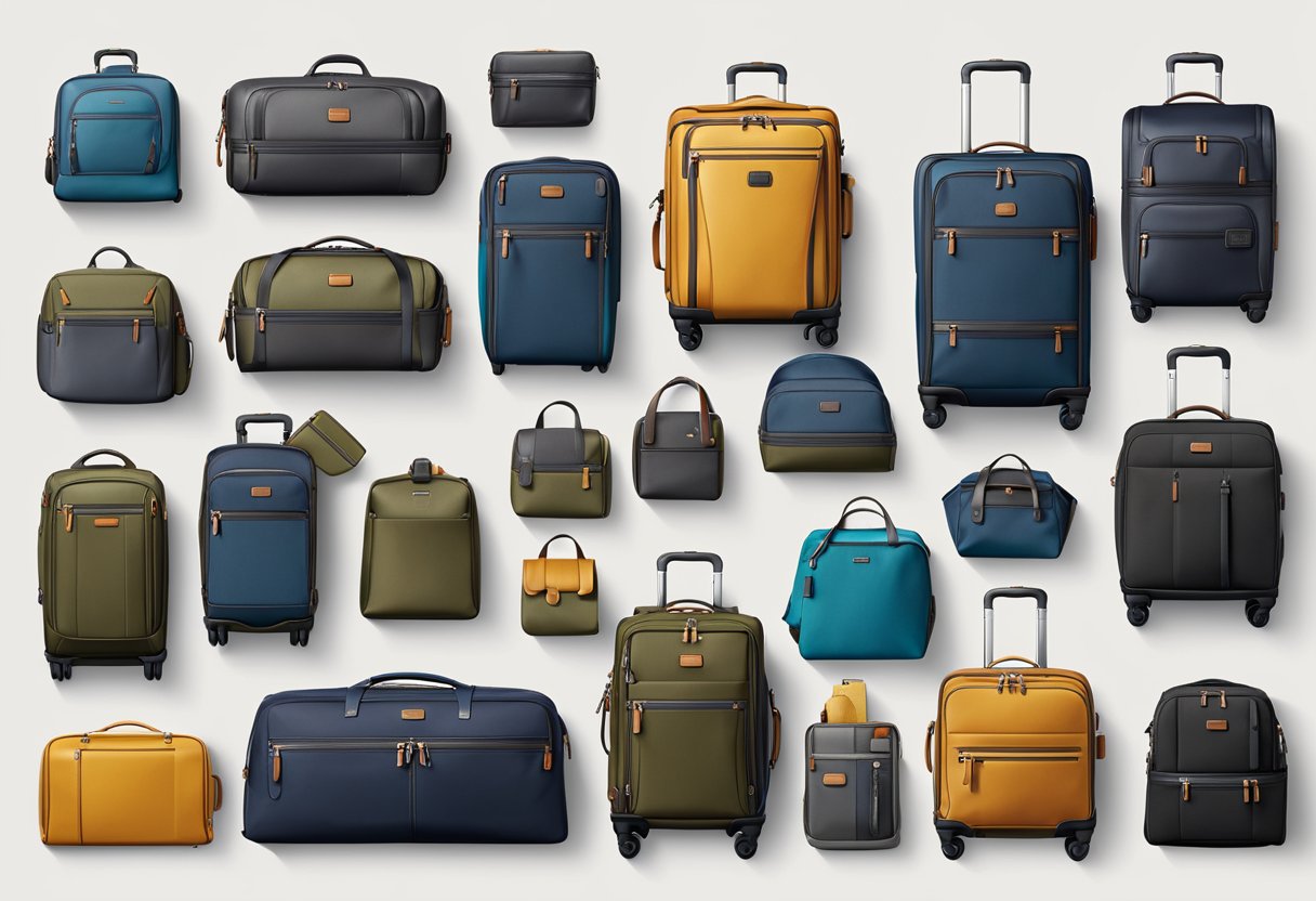 A display of Tumi's extensive product range, featuring luggage, backpacks, and travel accessories, arranged in an organized and stylish manner