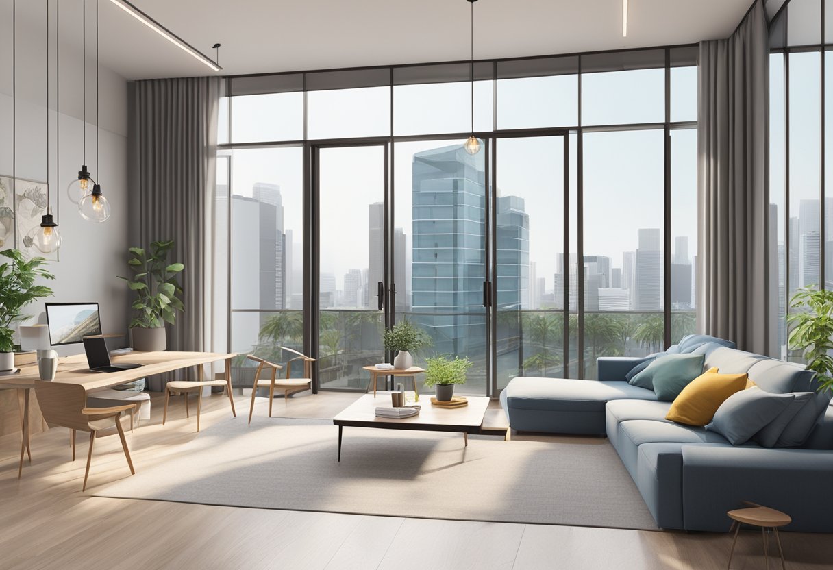 A bright, spacious studio in Singapore with large windows, modern furnishings, and a minimalist design