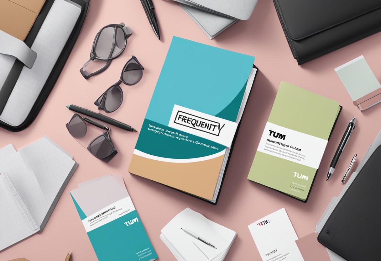 A stack of brochures with "Frequently Asked Questions" and the Tumi Singapore logo, surrounded by a laptop, pen, and notebook