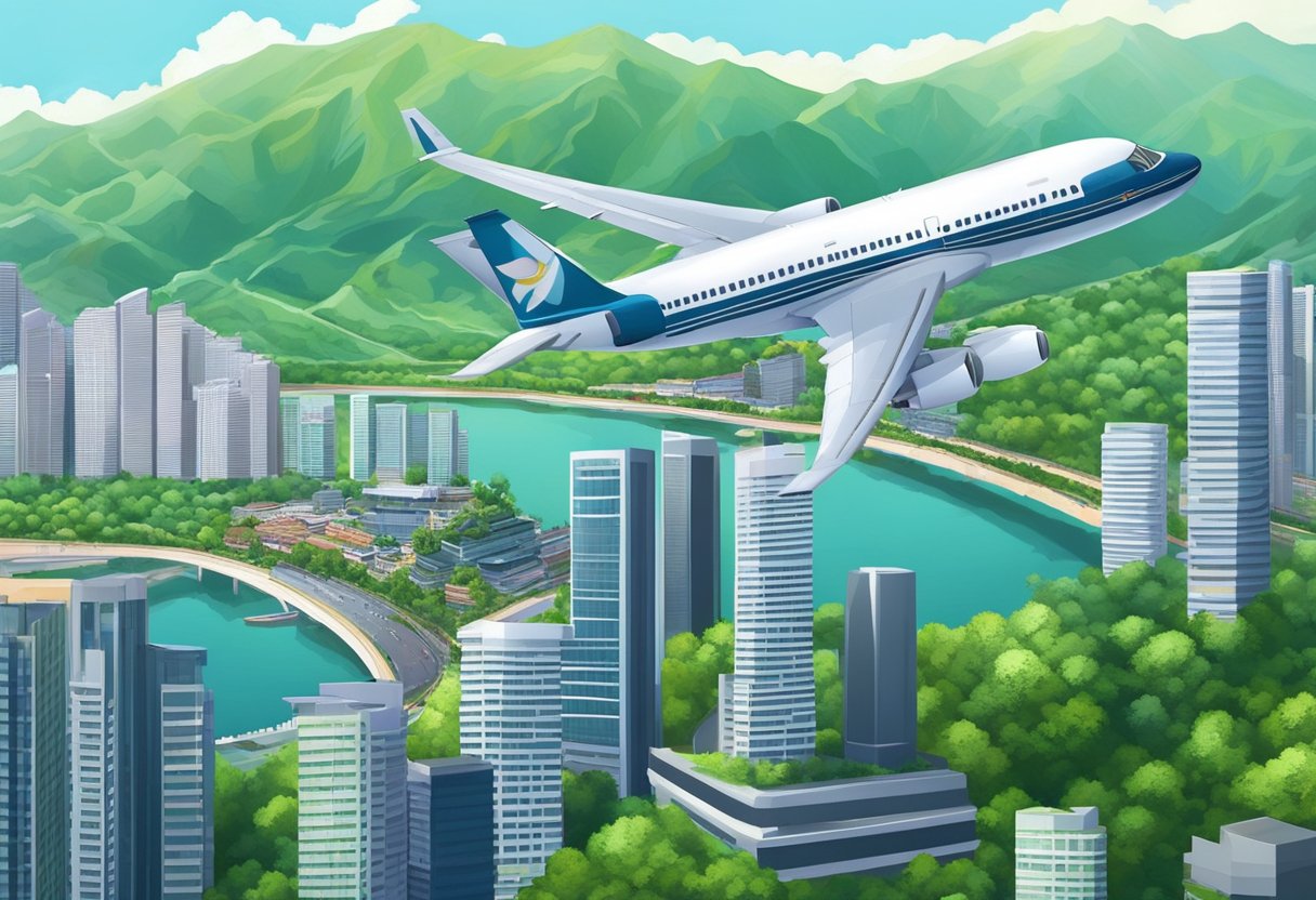 A plane flies over the cityscape of Singapore towards the mountainous terrain of Chengdu, with the iconic skyscrapers and lush greenery below