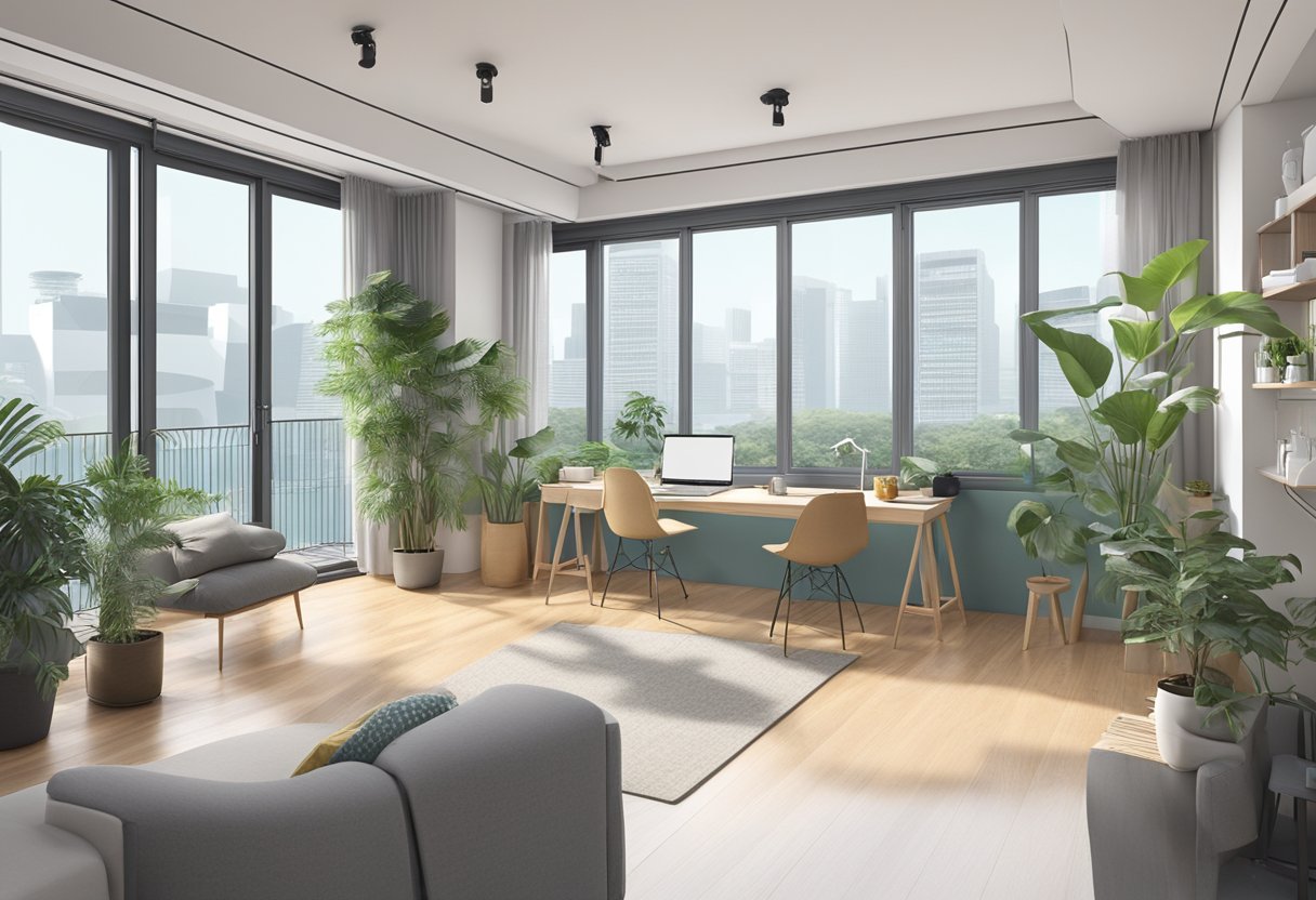 A bright, airy studio space in Singapore, with large windows and modern furnishings, ready for rent