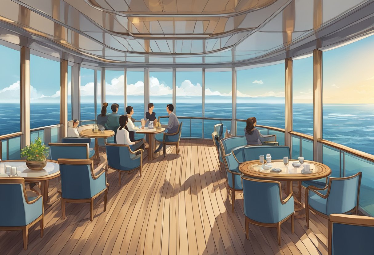 Passengers enjoy panoramic views of the ocean from the deck of a luxurious cruise ship sailing from Singapore to Jeju