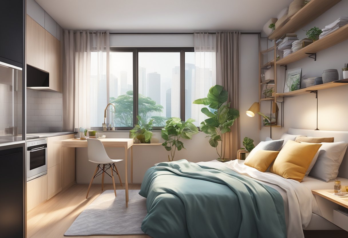 A cozy studio apartment in Singapore, with a compact kitchen, a comfortable bed, and a small living area with natural light streaming in through the window