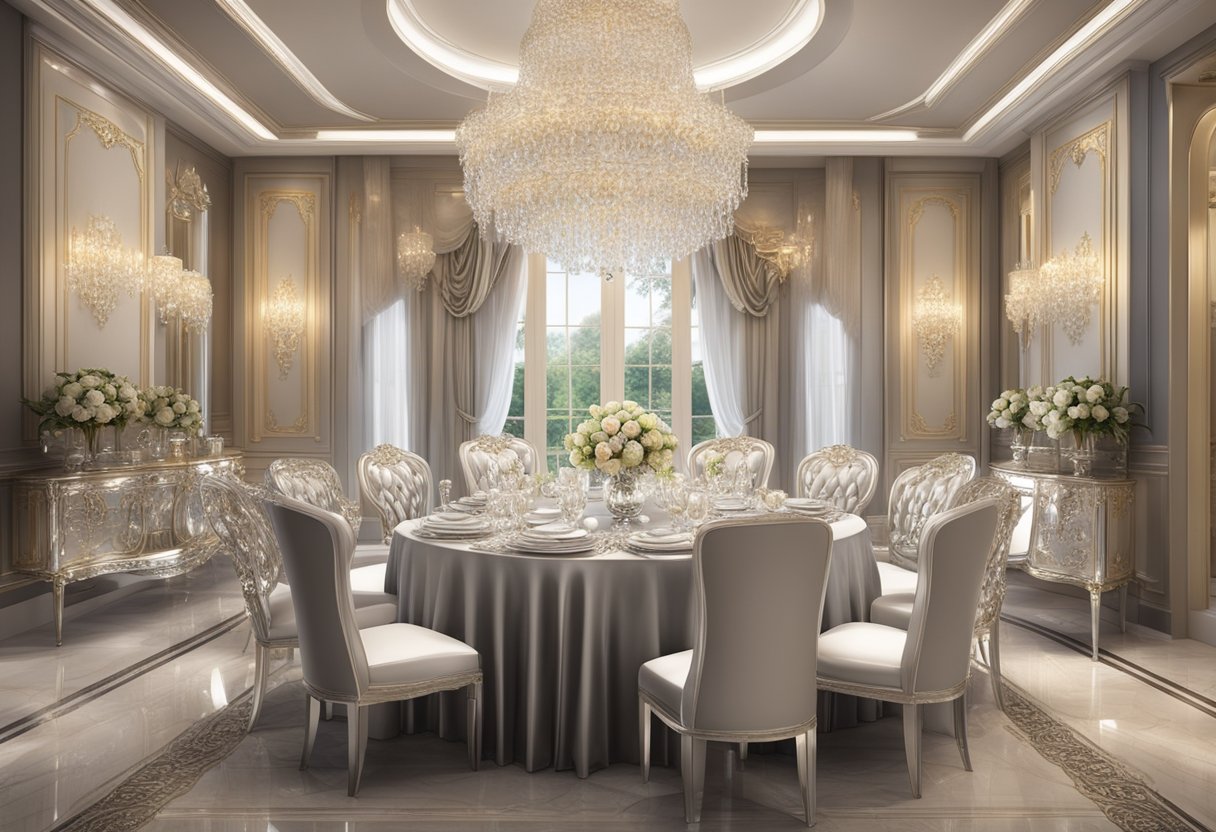 A luxurious dining table set with fine china, crystal glassware, and elegant silverware, surrounded by opulent decor and soft lighting