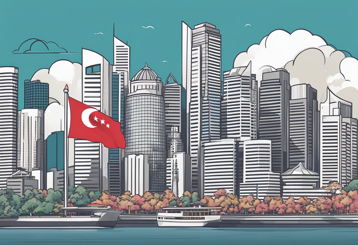 A Singaporean flag waving proudly against a backdrop of iconic city landmarks