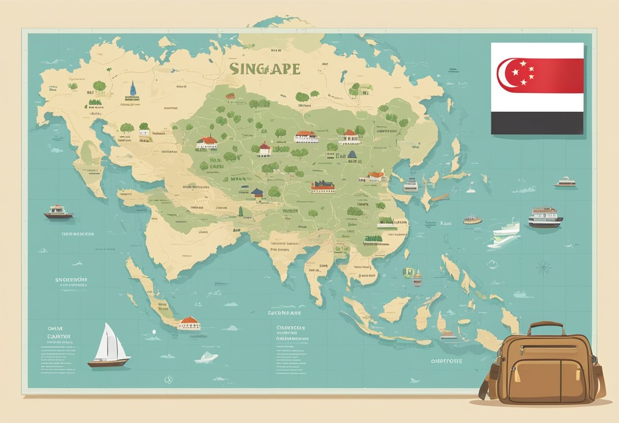 A map of Singapore and Chengdu with travel itinerary and passport on a table
