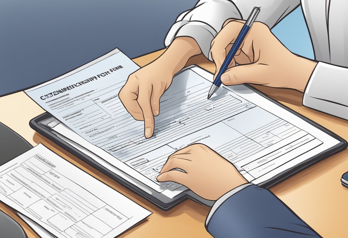 A person filling out a Singapore citizenship application form at a government office desk