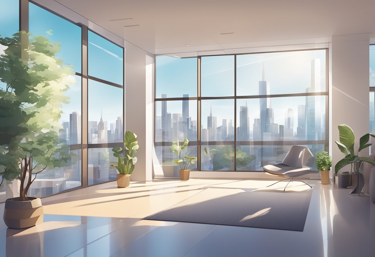 A bright, modern studio space with clean lines and a minimalist design, featuring a large window with a view of the city skyline
