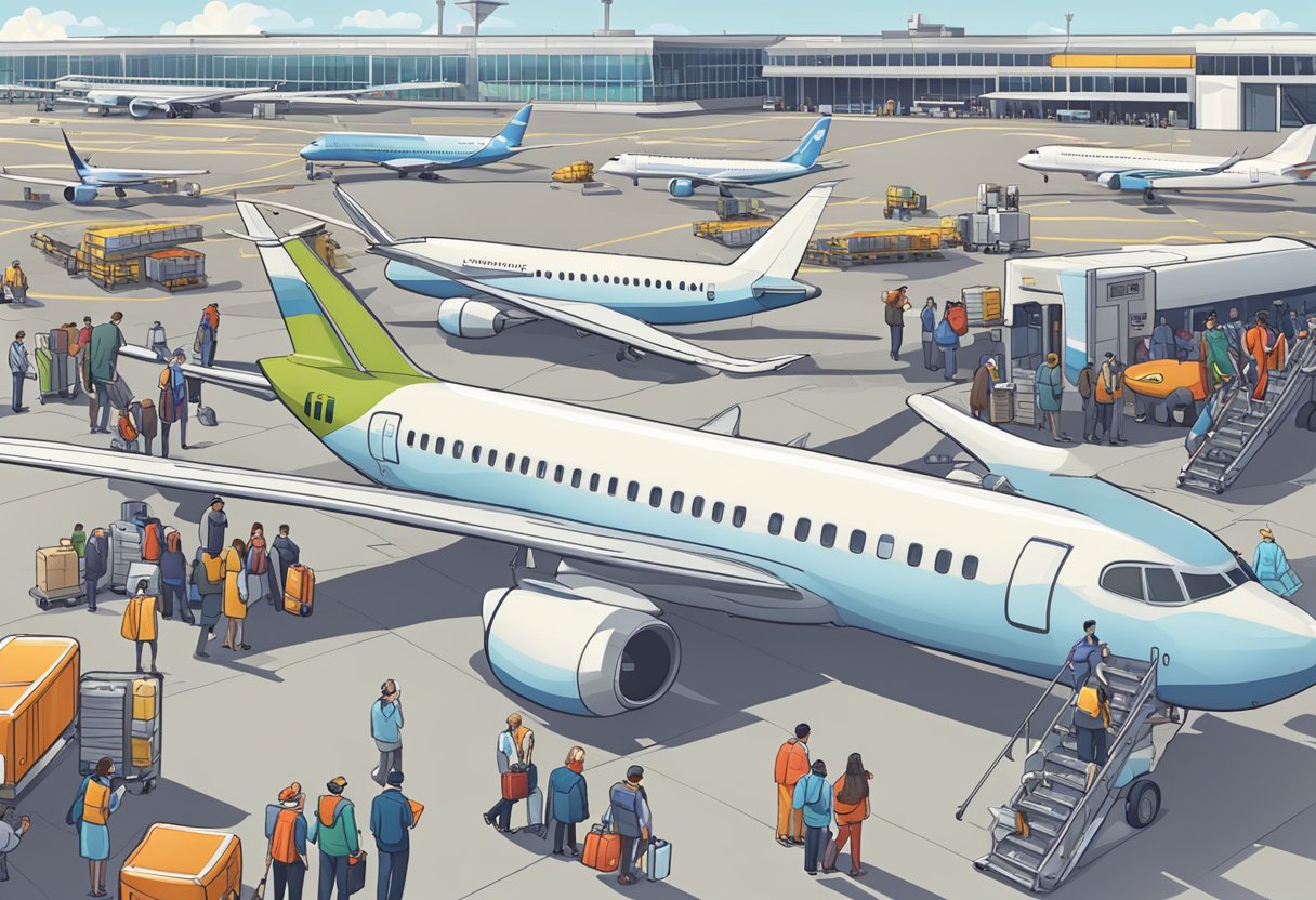A bustling airport scene with planes on the tarmac, luggage being loaded, and people in line at the check-in counters