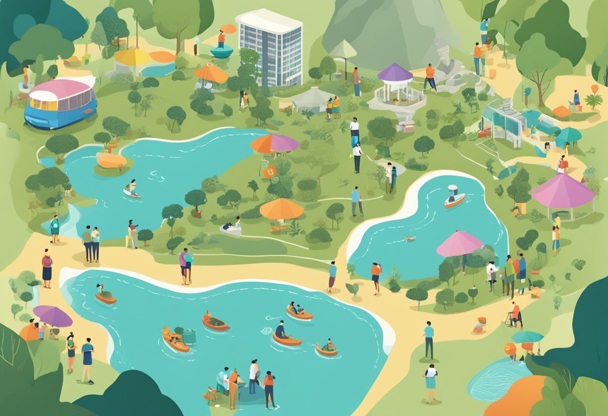 A map of Singapore and Jeju with a "Frequently Asked Questions" banner above, surrounded by curious onlookers