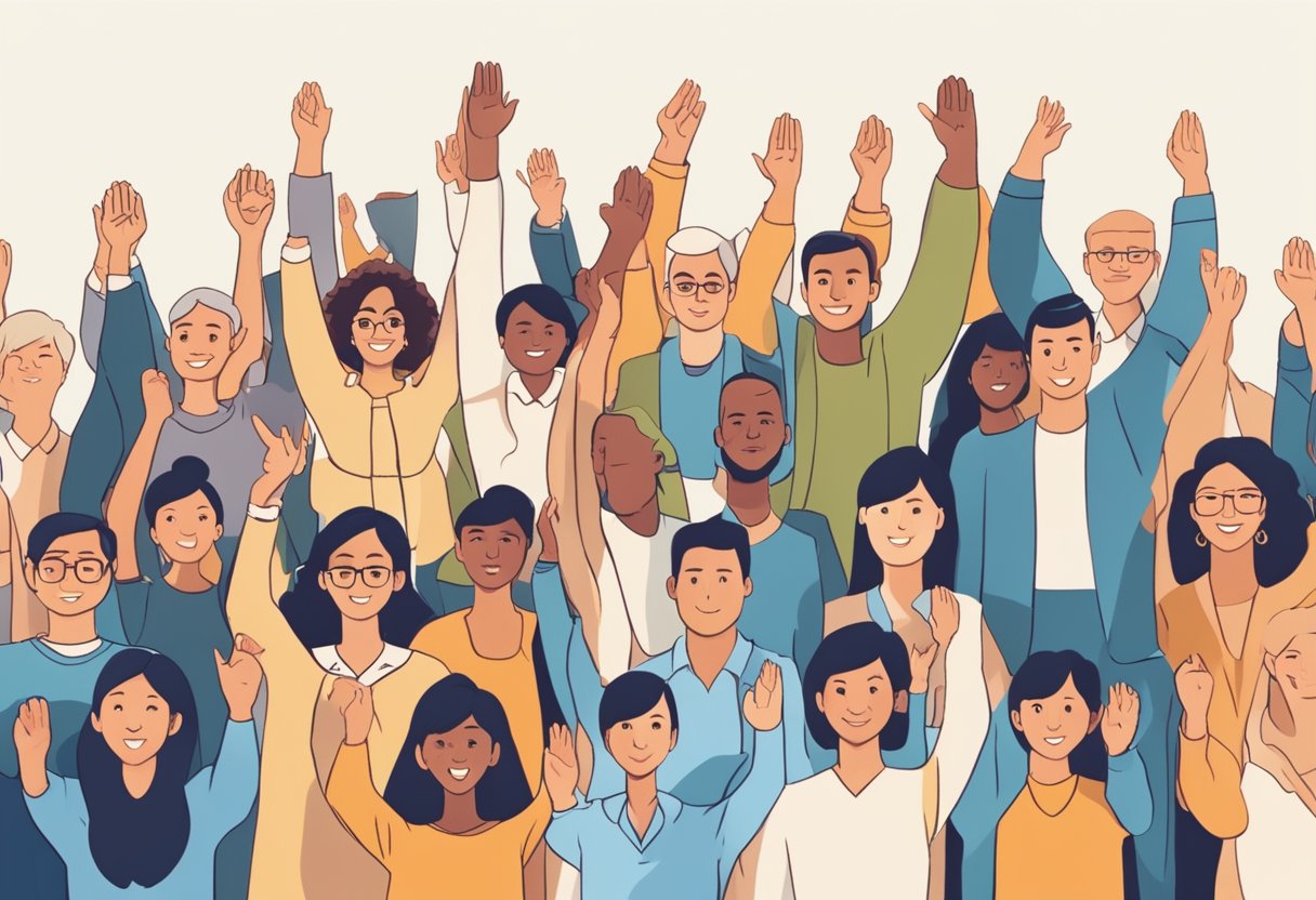 A diverse group of people raising their right hands, showing commitment to becoming Singapore citizens