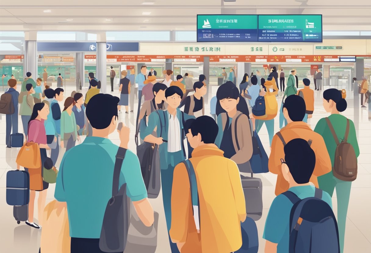 Passengers inquiring about travel from Singapore to Chengdu. Signage, information desks, and a line of people at an airport or travel agency