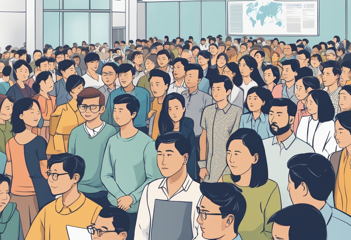 A crowded room with people of diverse ethnicities lining up to ask questions about Singapore citizenship. A sign with "Frequently Asked Questions" is prominently displayed
