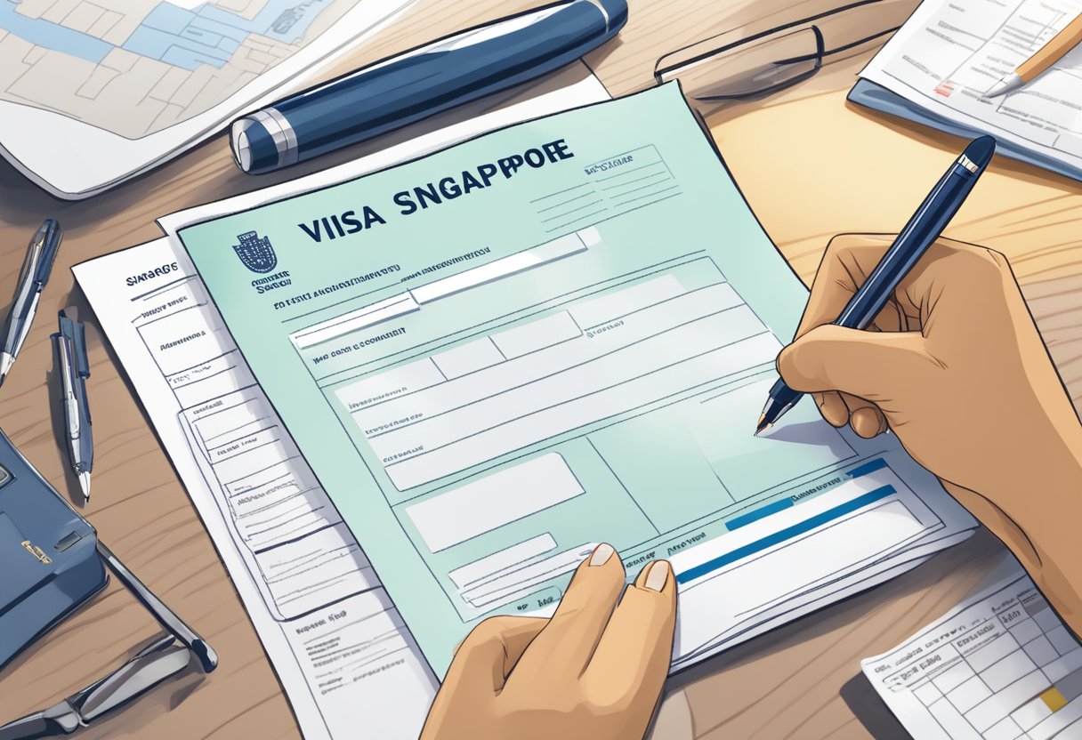 A person filling out a Singapore visa application form at a desk with a pen and passport open