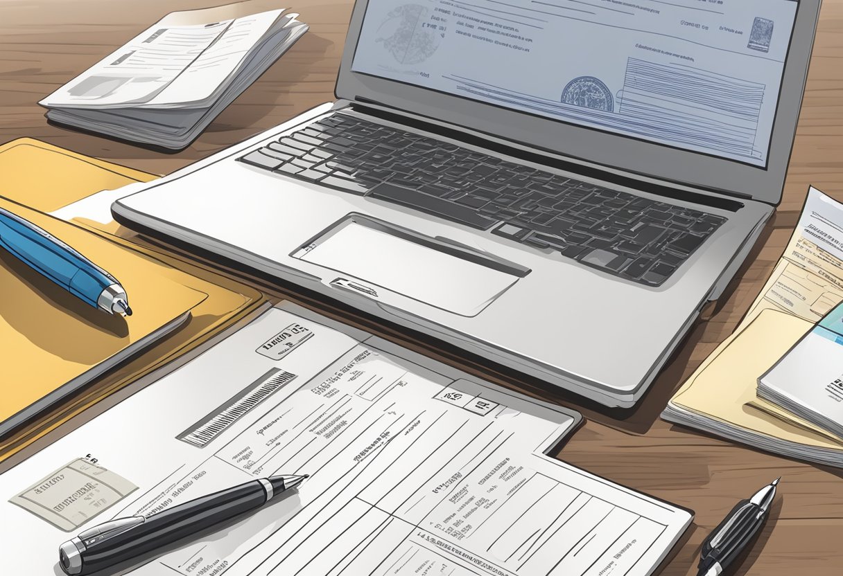 A table with a laptop, passport, and visa application form. A pen and official documents are scattered around