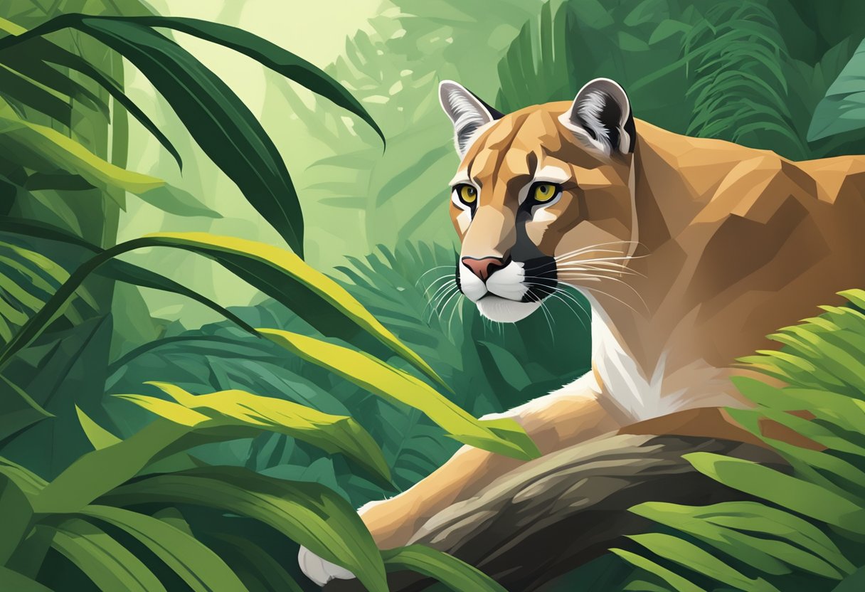 A sleek puma prowls through a lush Singaporean jungle, its powerful muscles rippling beneath its tawny fur as it stalks its prey