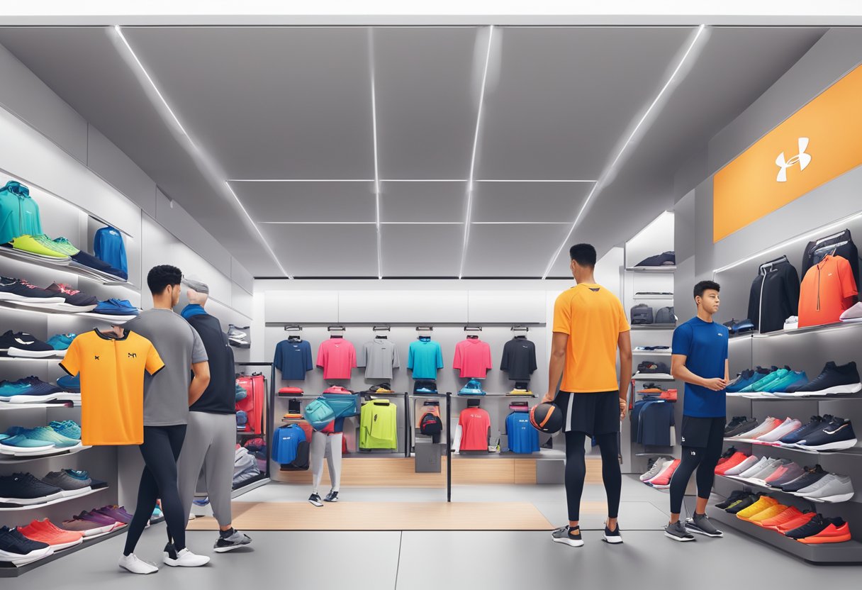 A bustling Under Armour store in Singapore, with sleek athletic apparel on display and customers browsing the latest sportswear