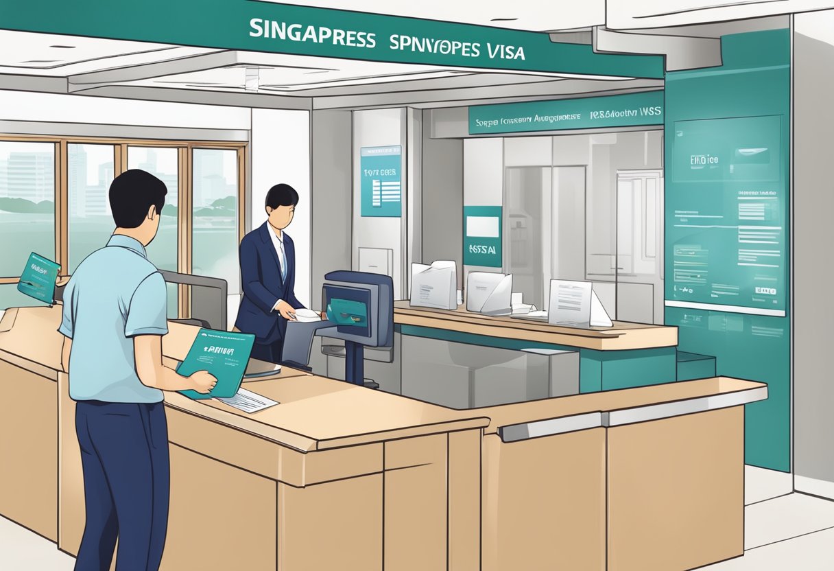 A person submitting a Singapore visa application at a government office counter