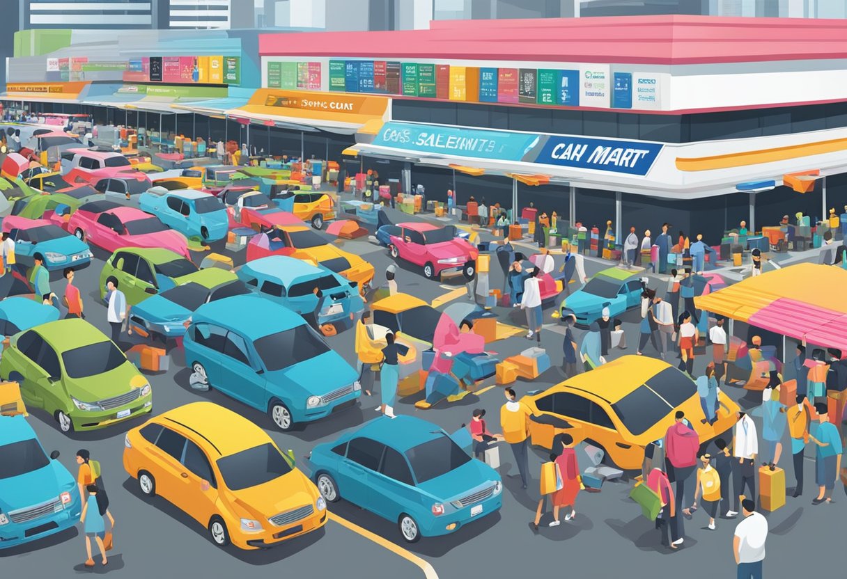 A bustling car mart in Singapore with rows of vehicles, colorful signage, and busy customers and salespeople
